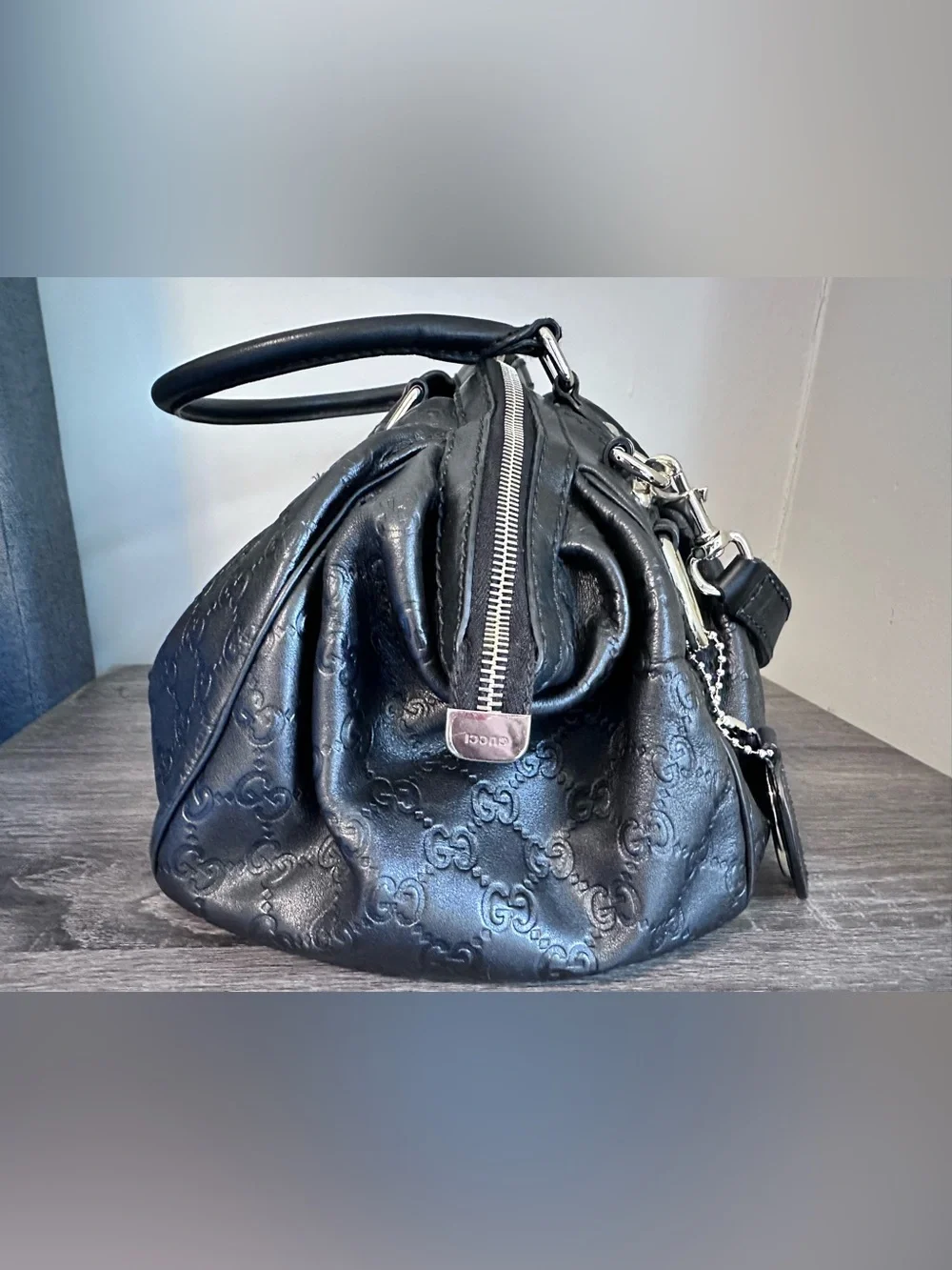 Gucci Black Embossed Leather Small Sukey Boston Shoulder Bag w/ Crossbody Strap